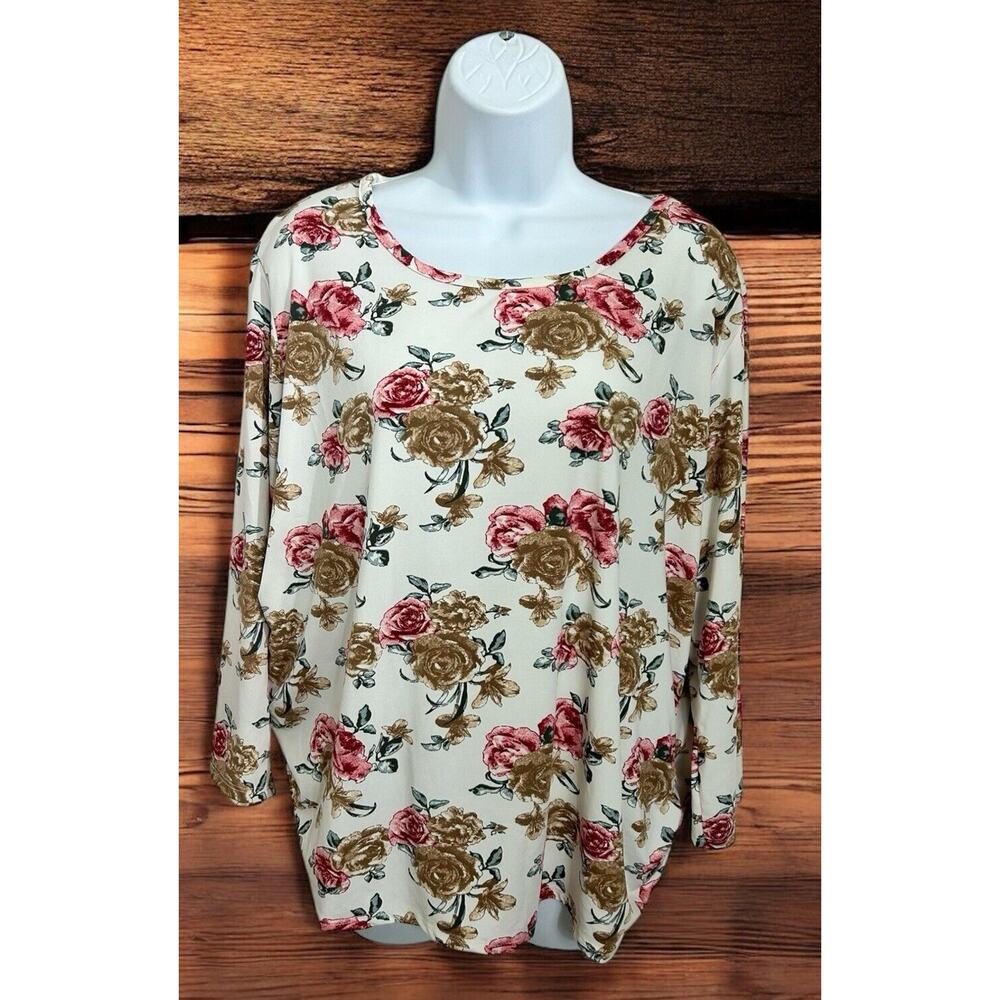 Vianni Floral Blouse Sz Large (42 EURO) Roses Top 3/4 Sleeve Scoop Neck